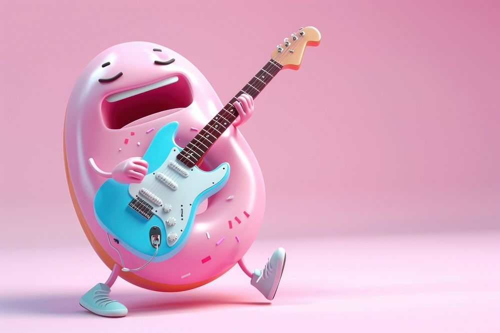 Donut character playing rock guitar cartoon representation enjoyment.