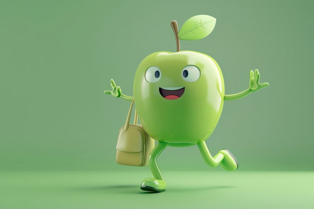 Green apple character cartoon fruit plant.