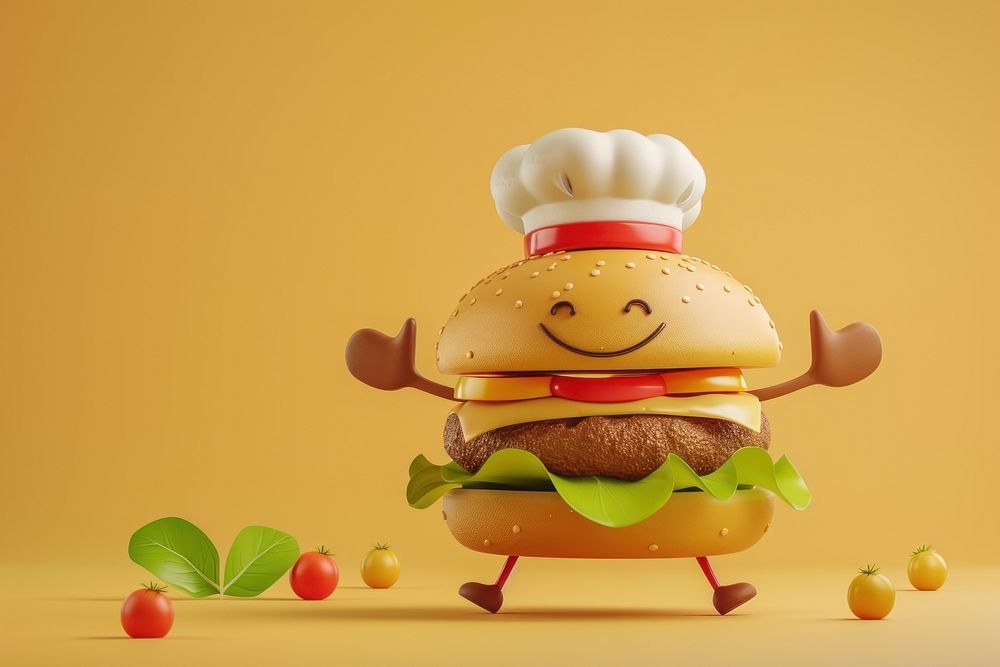 Hamburger in chef character cartoon food representation.