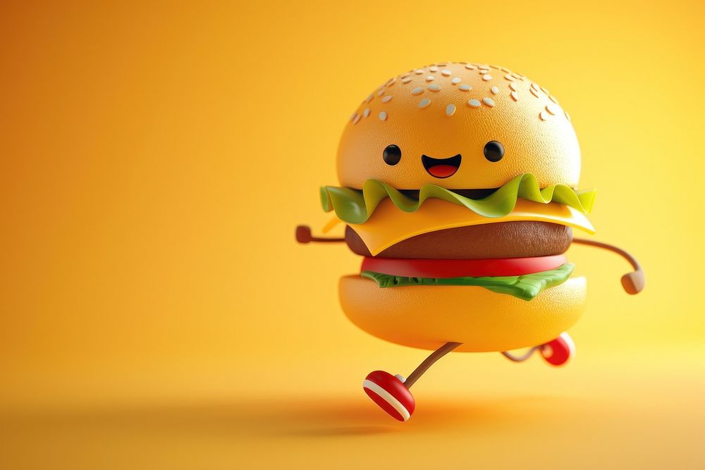 Hamburger runner character cartoon food representation.