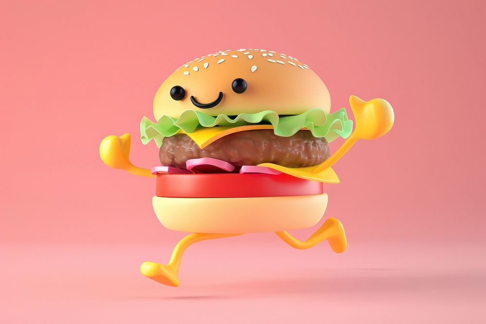 Hamburger runner character cartoon food representation.