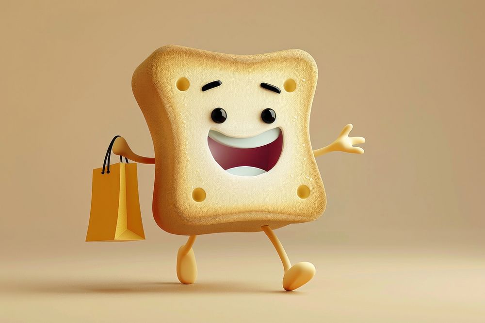 Toast character holding shopping bag cartoon smiling anthropomorphic.