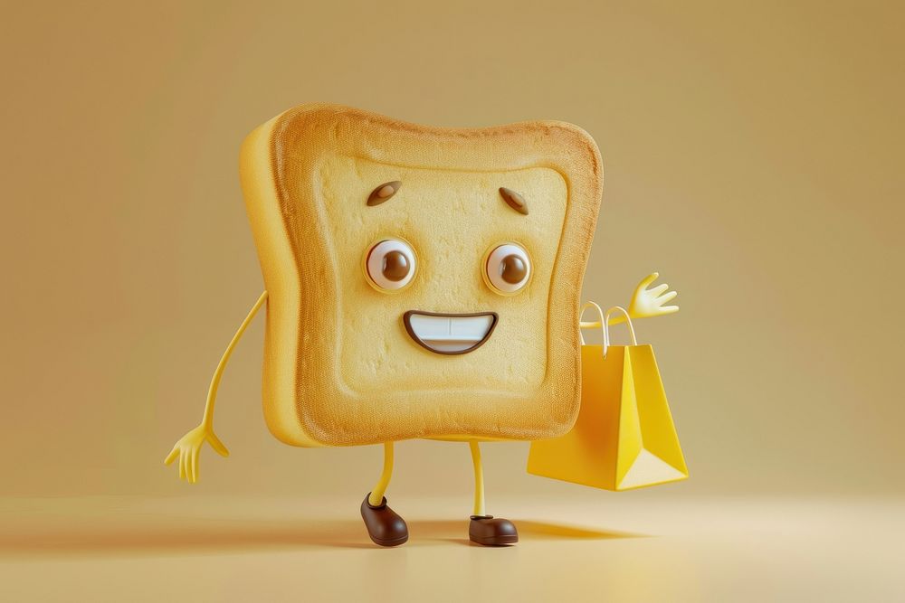 Toast character holding shopping bag cartoon smiling food.