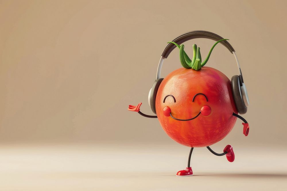 Tomato character wearing headphones smiling cartoon anthropomorphic.