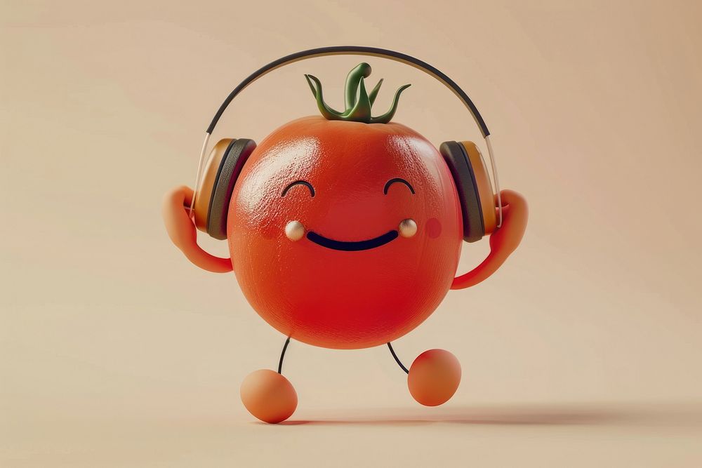 Tomato character wearing headphones cartoon smiling anthropomorphic.