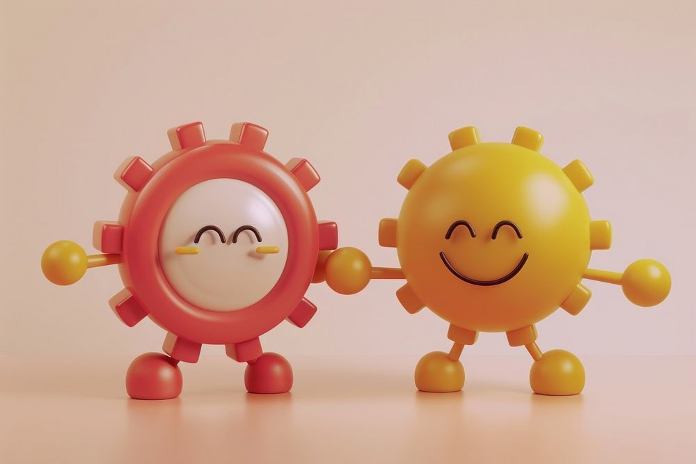 2 gears character handshaking together cartoon toy anthropomorphic.