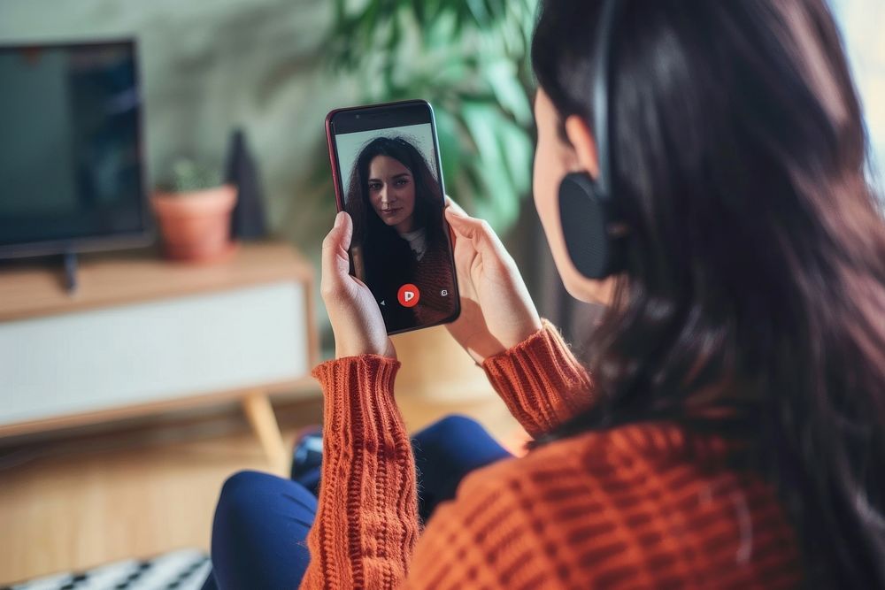 A woman talking with smartphone while use video call screen selfie adult.