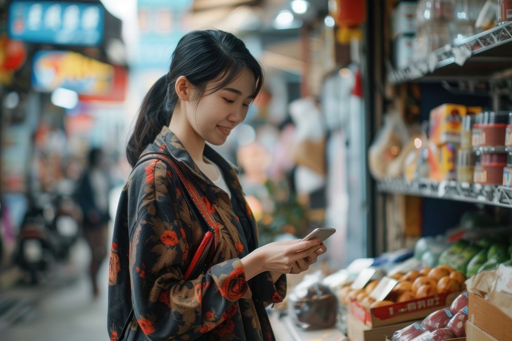 A woman selling product through live with smartphone market adult architecture.
