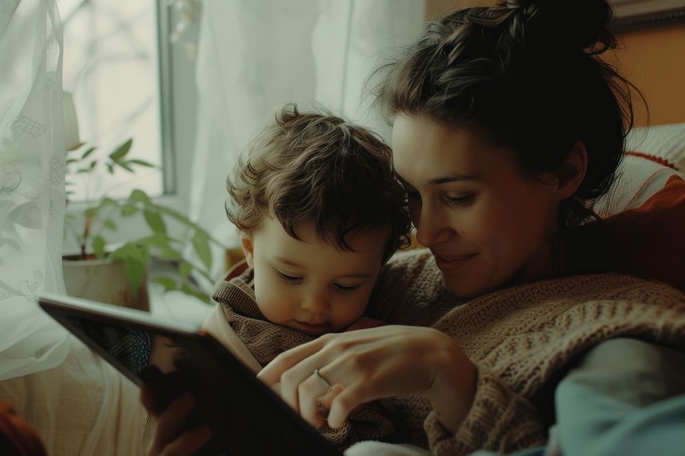 Mother and son reading smiling adult.