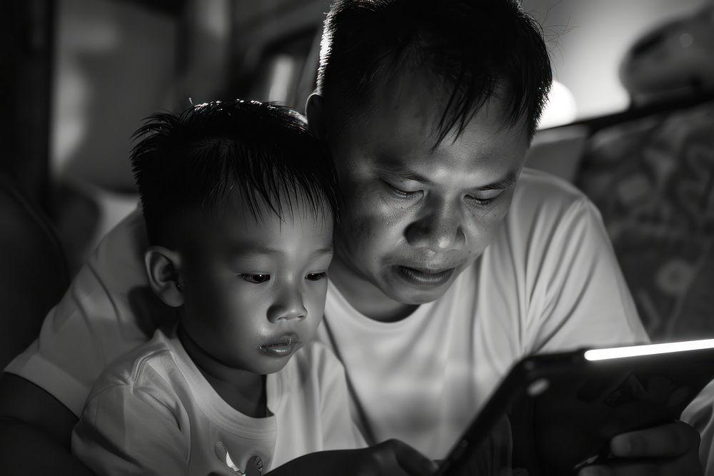 Thai dad and son portrait computer reading.