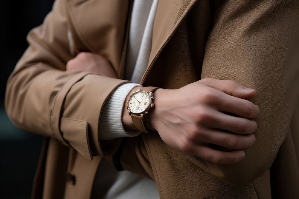 Hand wristwatch coat midsection.
