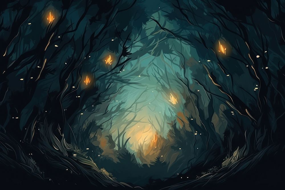 Torchlight in dark forest backgrounds nature night.