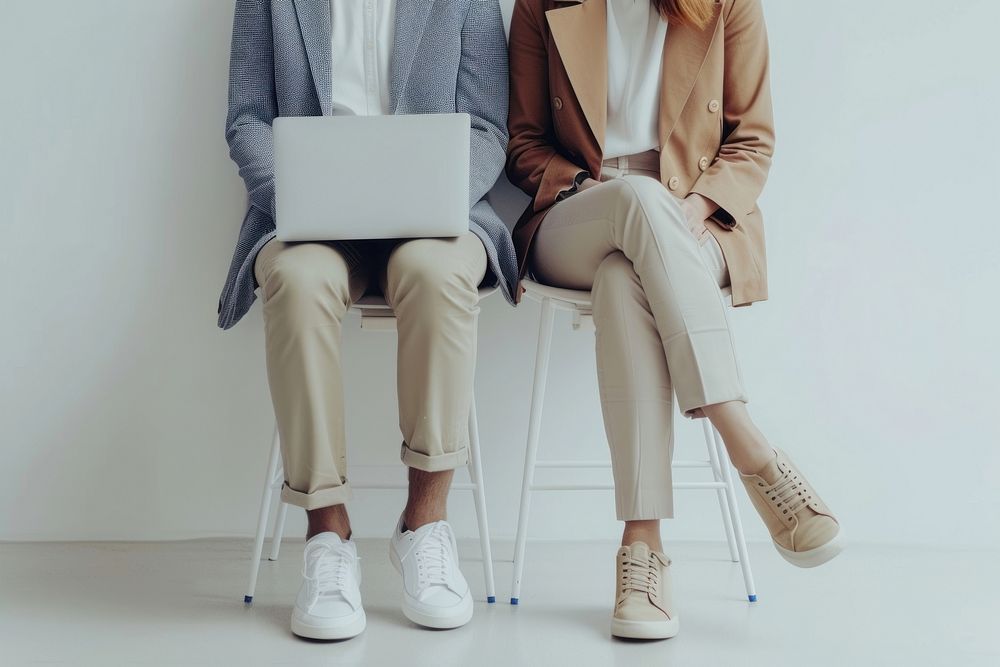 2 young businesspeople sitting laptop footwear.