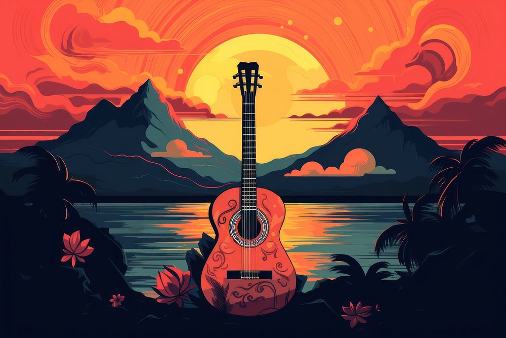 Guitar sunset nature tranquility.