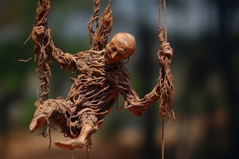Rope sculpture hanging man.