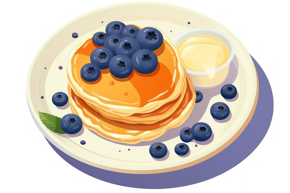 Blueberry pancakes berries fruit plate.