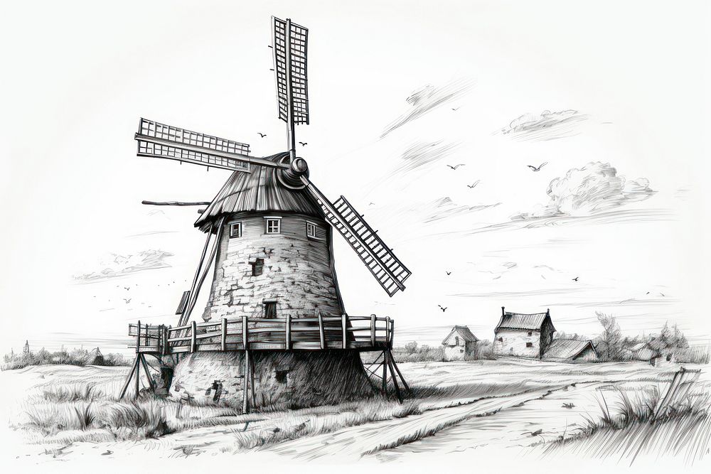 Windmill outdoors drawing day.