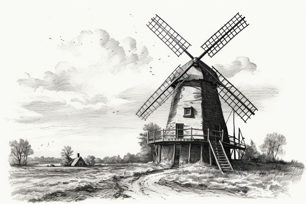 Windmill outdoors drawing day.
