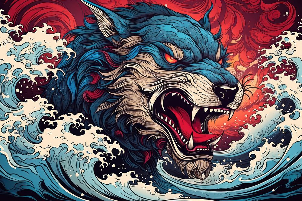 Angry wolf art mammal wave.