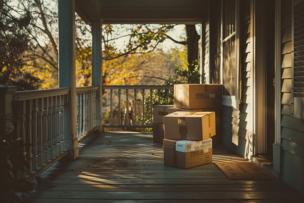 Boxes sitting on porch of house architecture cardboard building.