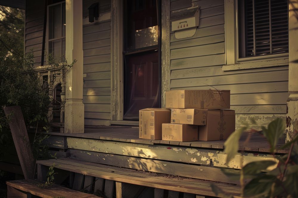 Boxes sitting on porch of house architecture cardboard building.