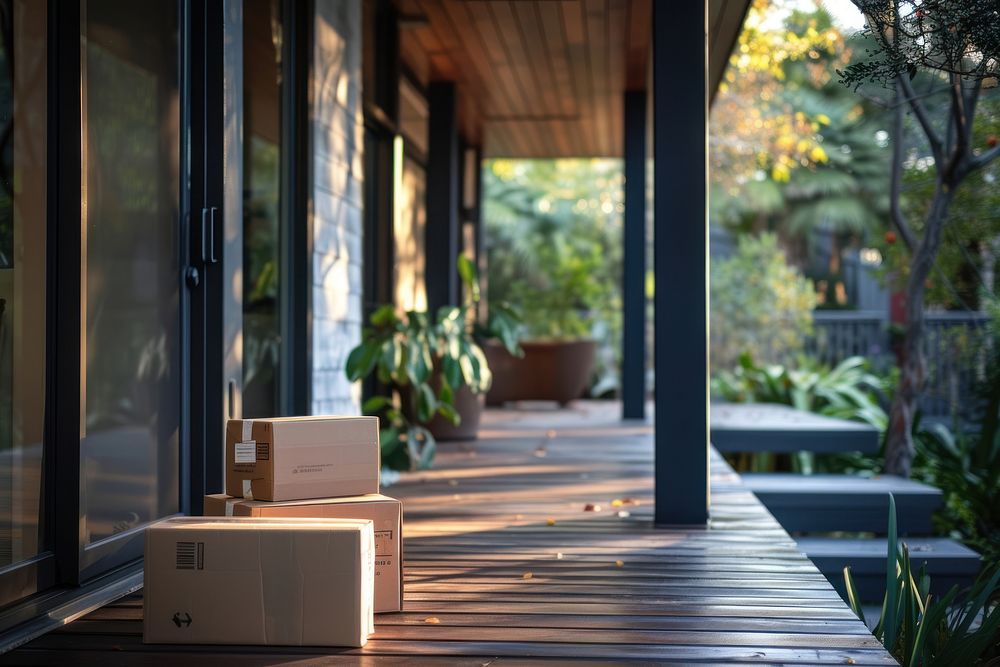 Boxes sitting on porch of modern house architecture building plant.