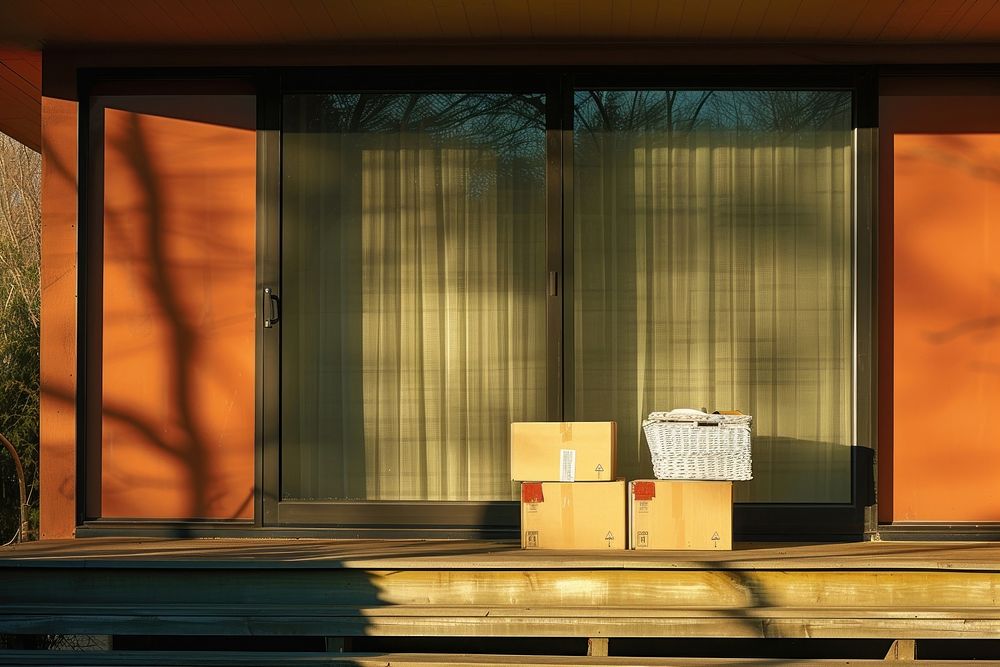 Boxes sitting on porch of modern house architecture cardboard building.