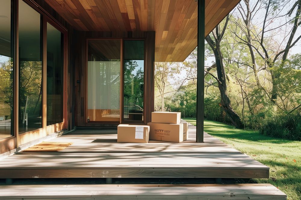 Boxes sitting on porch of modern house architecture building wood.