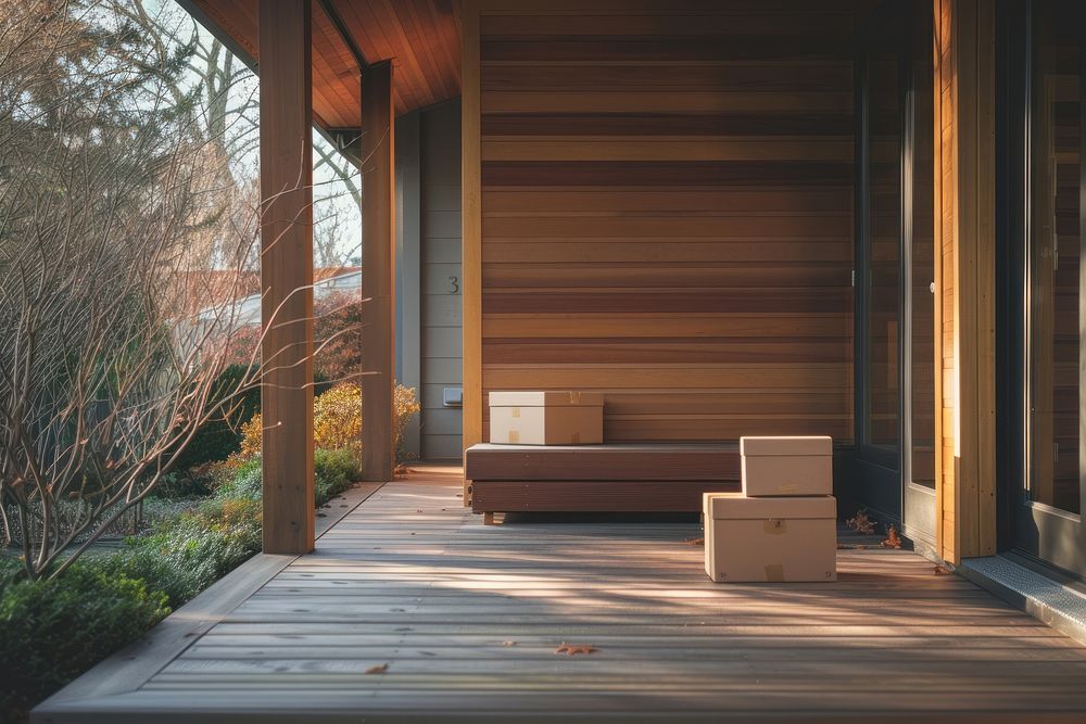 Boxes sitting on porch of modern house architecture hardwood building.