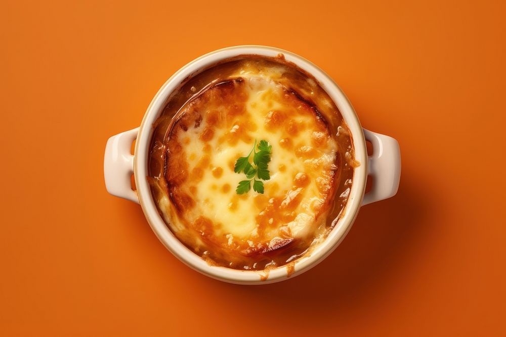 French onion soup food meal dish.