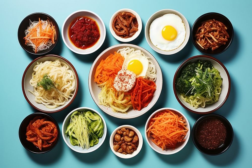 Korean bibim nengmyun lunch plate food.