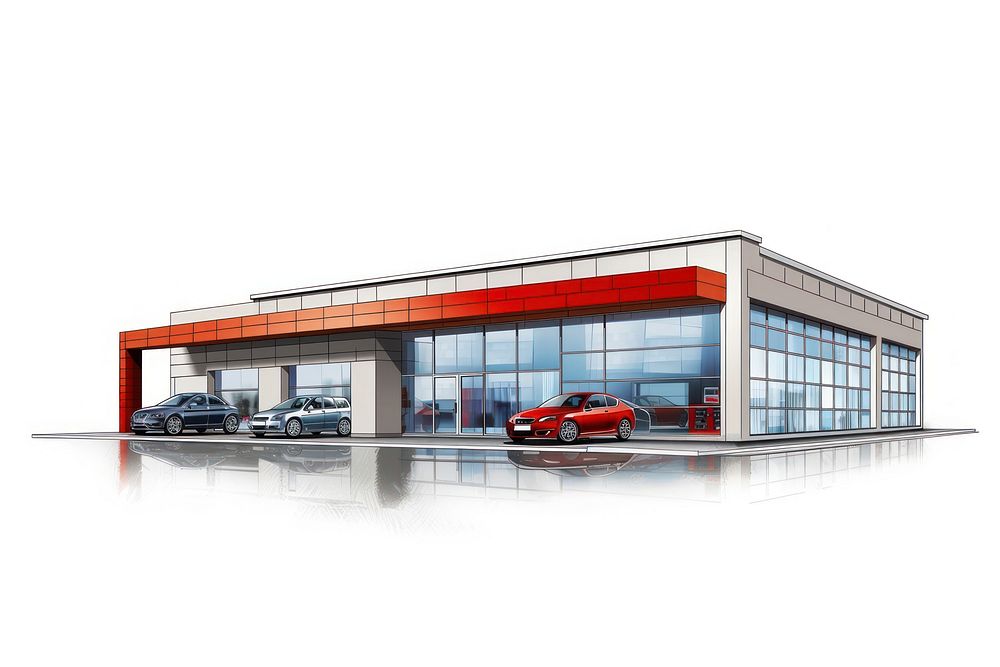 Architecture illustration automotive showroom vehicle car red.