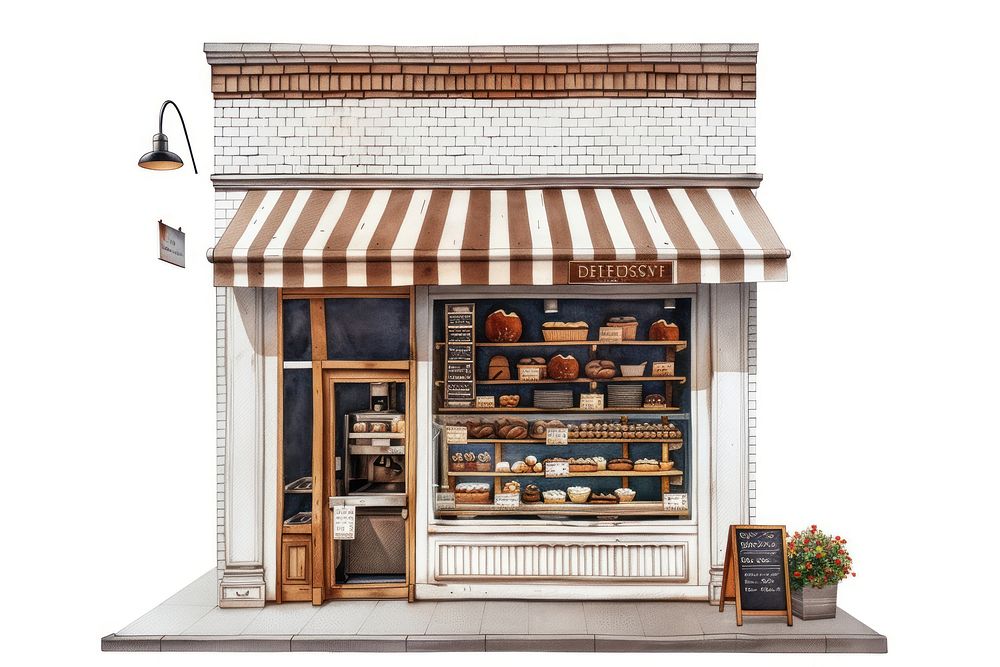 Architecture illustration bakery shop accessories blackboard dollhouse.