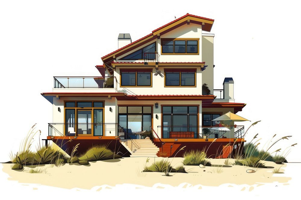 Architecture illustration beach vacation house building dollhouse furniture.