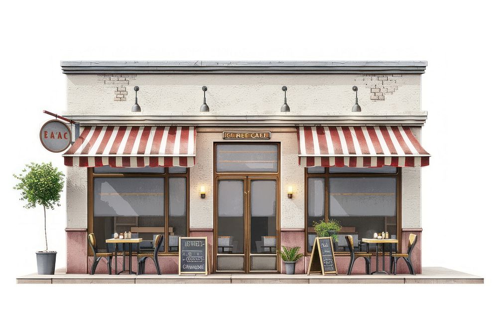 Architecture illustration cafe restaurant awning chair.