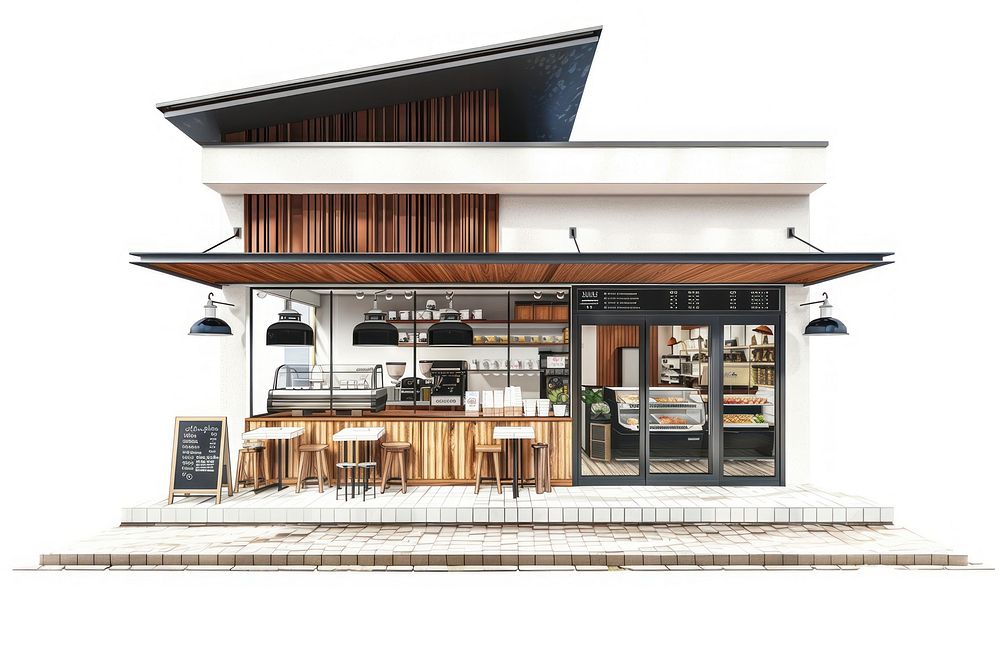 Architecture illustration coffee shop restaurant building white background.