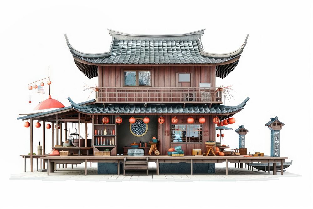 Architecture illustration fish market building shrine pagoda.