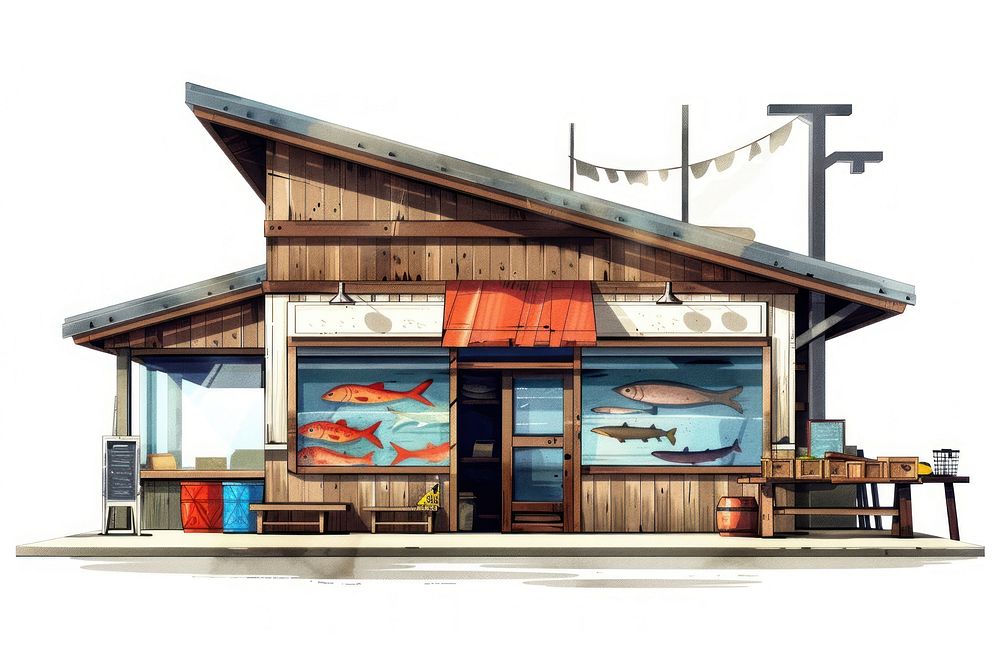 Architecture illustration fish market building outdoors house.
