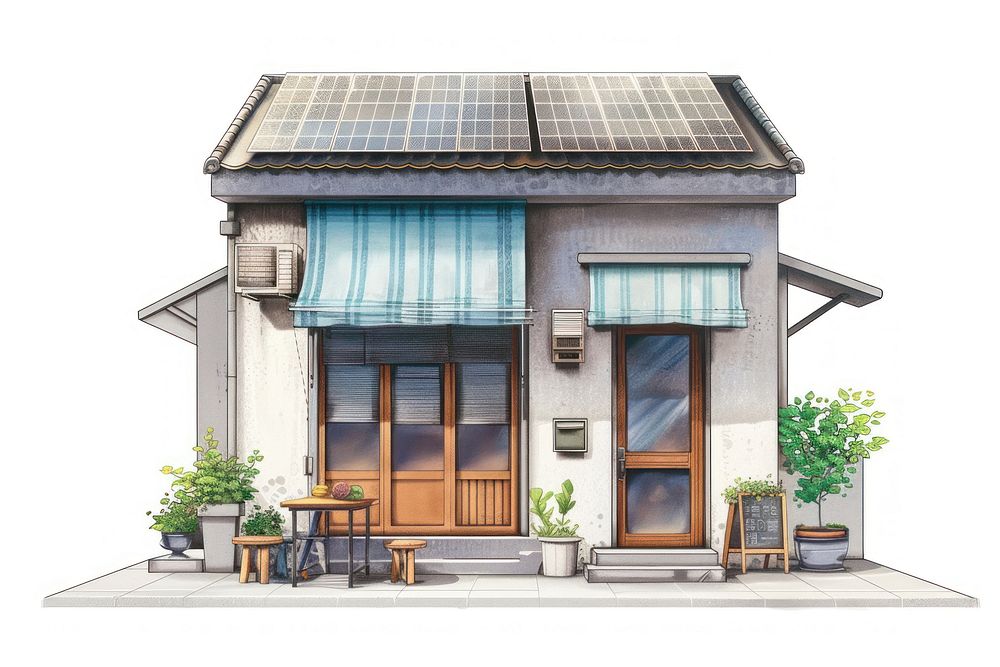 Architecture illustration house with solar panel building table white background.