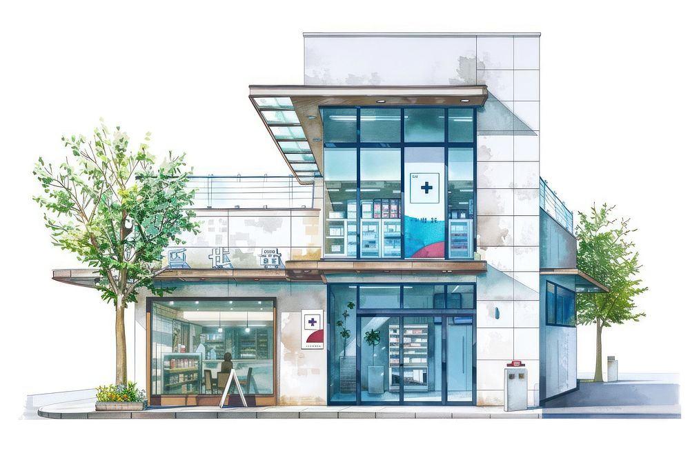 Architecture illustration pharmacy building outdoors city.