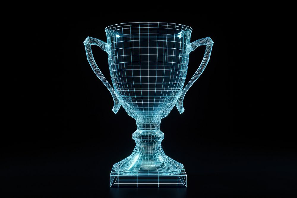 Glowing wireframe of trophy glass black background achievement.