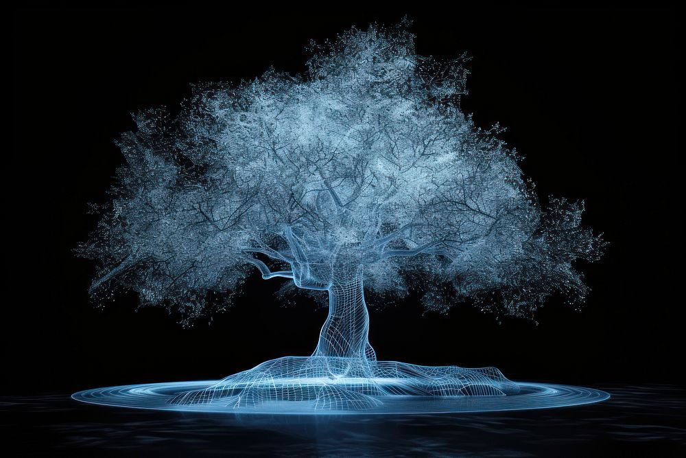 Glowing wireframe of tree nature plant night.