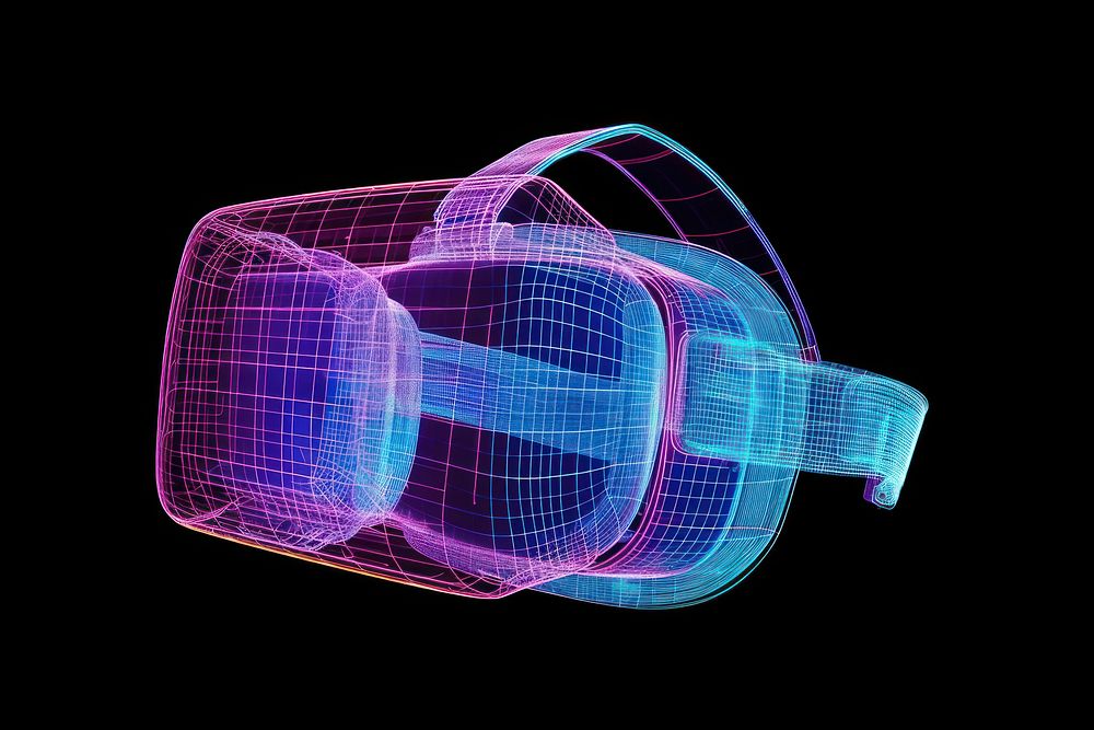 Glowing wireframe of vr headset futuristic light black background.