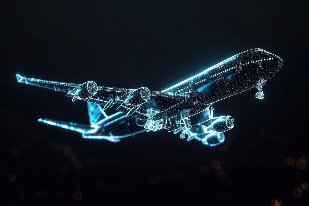 Glowing wireframe of airplane futuristic aircraft vehicle.