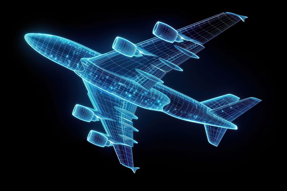 Glowing wireframe of airplane futuristic black background illuminated.