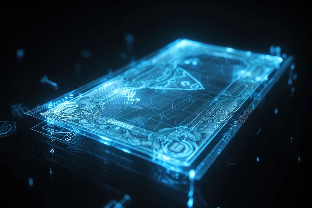 Glowing wireframe of banknote electronics technology cyberspace.