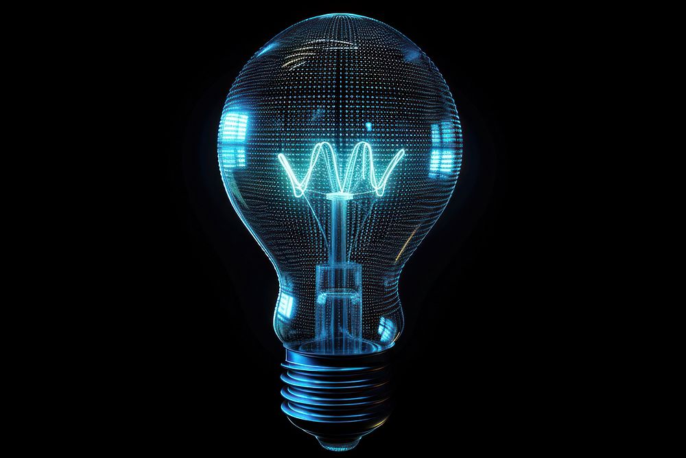 Glowing wireframe of bulb futuristic lightbulb black background.