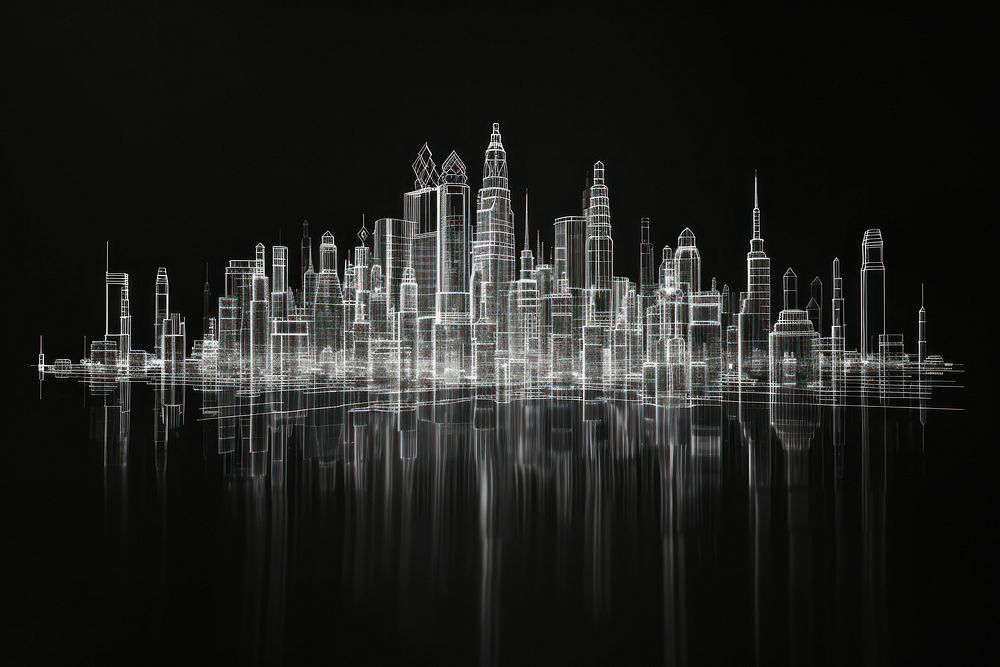 Glowing wireframe of city architecture futuristic outdoors.