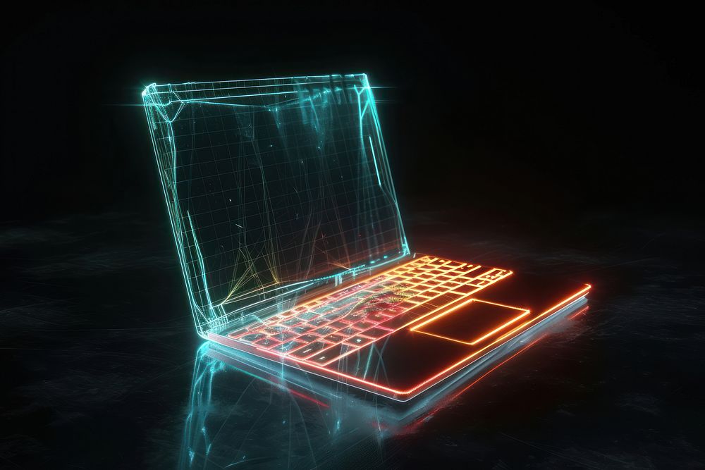 Glowing wireframe of computer notebook laptop black background illuminated.