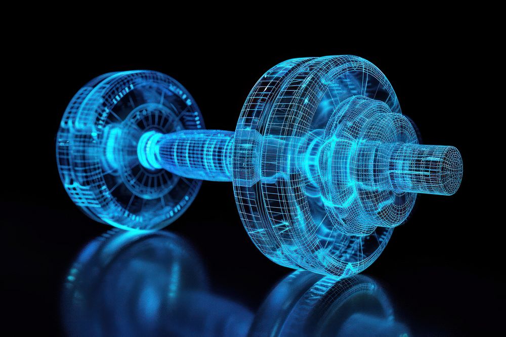 Glowing wireframe of dumbbell futuristic black background technology.